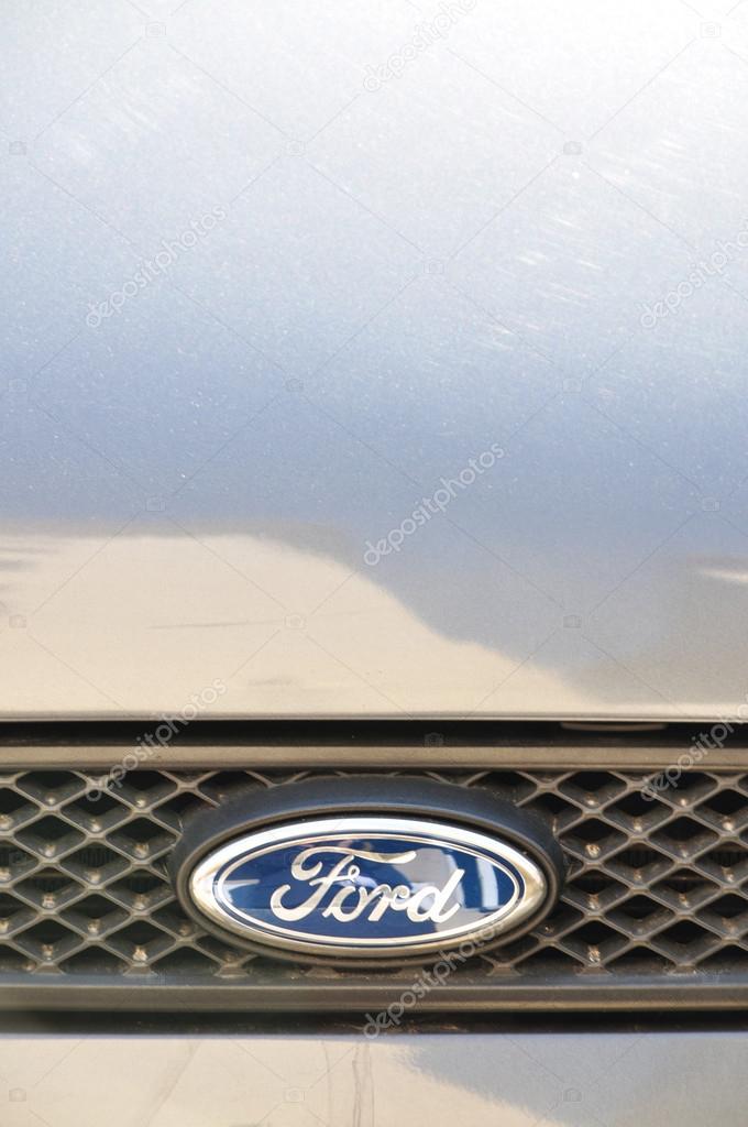 Close-up Ford logo. Chrome metal