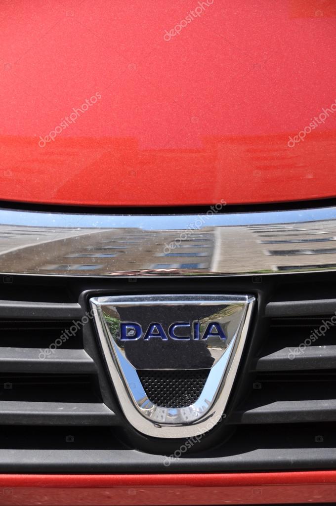 Close-up Dacia logo. Chrome metal