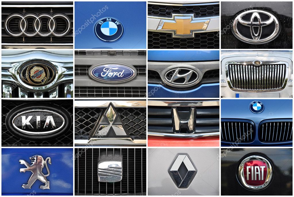 Close-up collage auto logo. Chrome metal