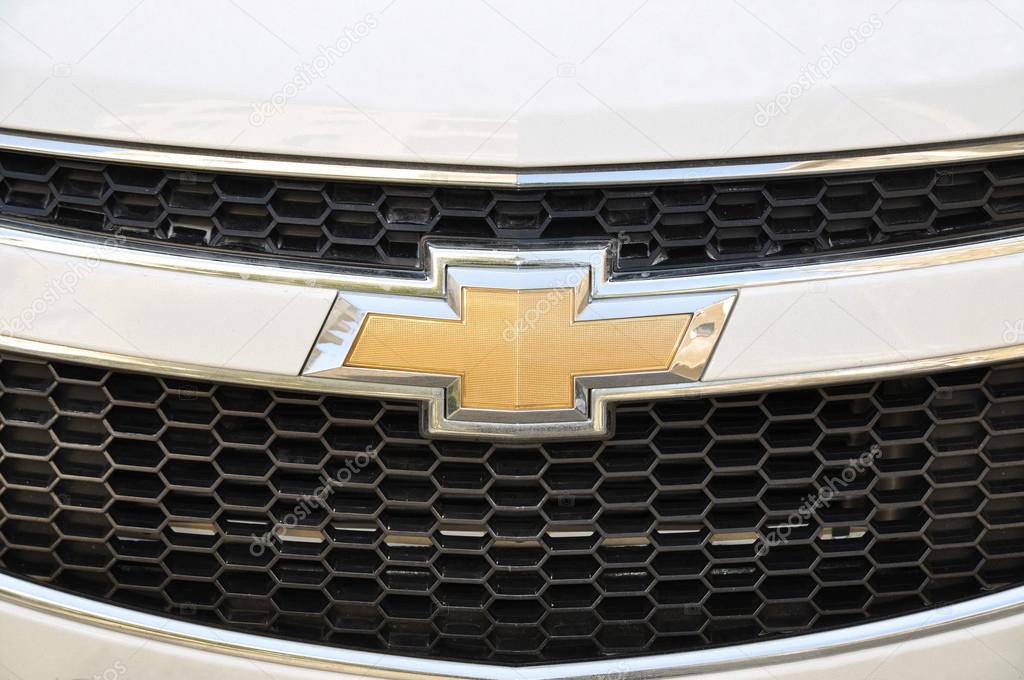 Close-up Chevrolet logo. Chrome metal