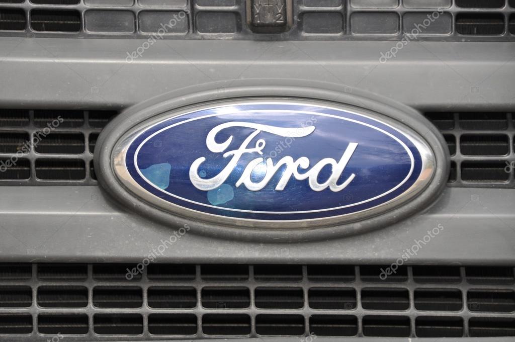 Close-up Ford logo. Chrome metal