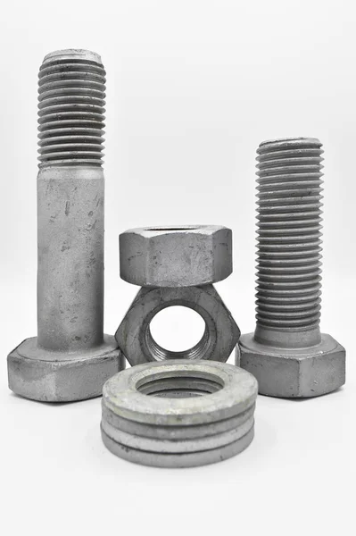 Galvanized Steel Metal Metric Bolt Nut Washer Isolated White Background — Stock Photo, Image