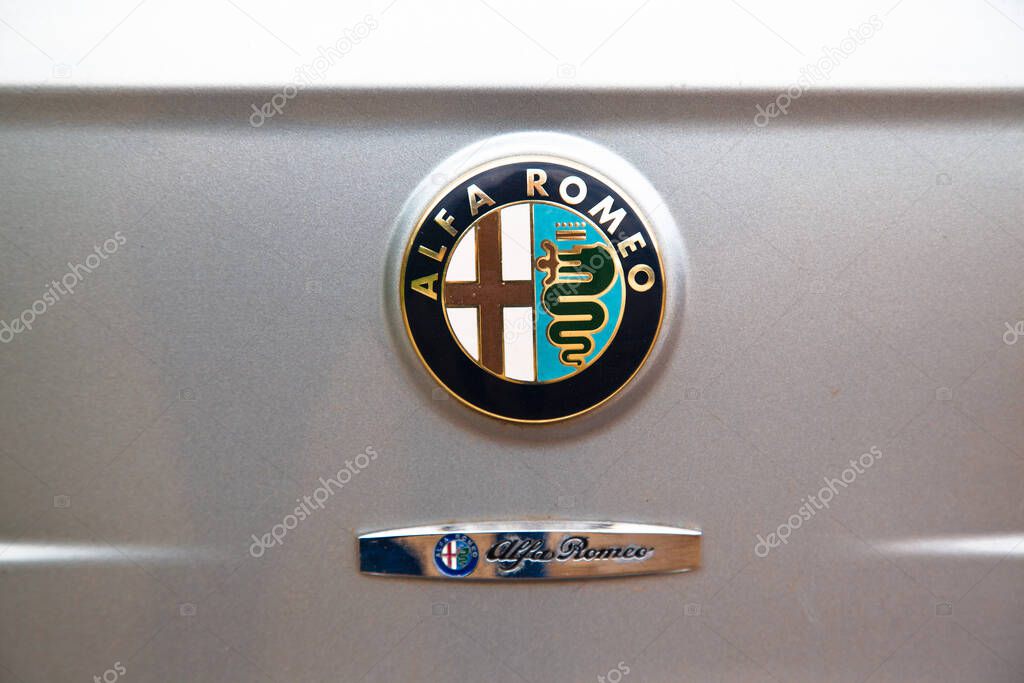 Alfa Romeo chrome metal logo, luxury car in Istanbul city, July 23 2021 Istanbul pendik Turkey used car market