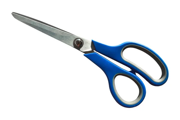 Very Sharp Stainless Steel Office Scissors Blue Handle Isolated White — Stock Photo, Image