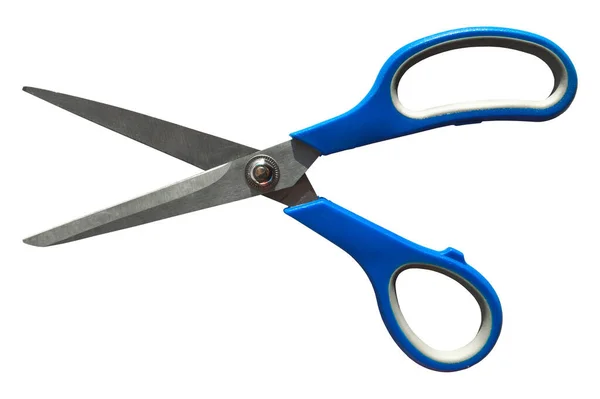 Very Sharp Stainless Steel Office Scissors Blue Handle Isolated White — Stock Photo, Image
