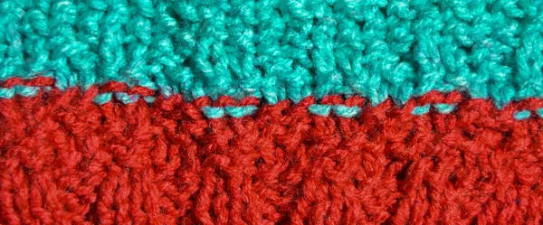 Musterstoff Aus Wolle Handgestrickter Stoff Türkis Und Rote Wolle Hintergrund — Stockfoto