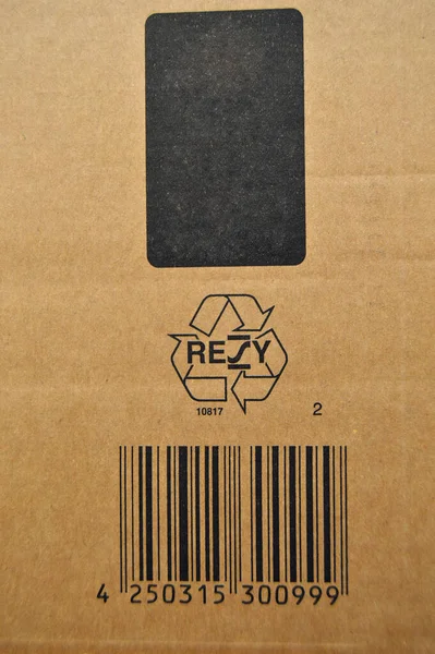 Brązowy Beżowy Kartonowy Papier Kodach Kreskowych Drukowany Symbol Ikony Recyklingu — Zdjęcie stockowe