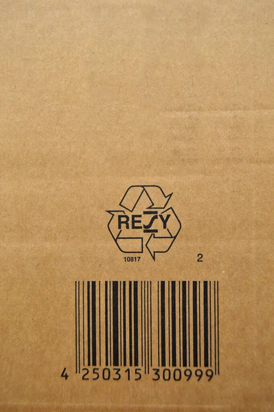 Hnědý Béžový Lepenkový Papír Čárových Kódech Tištěný Symbol Ikony Recyklace — Stock fotografie