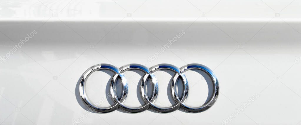 Audi chrome metal logo, luxury car in Istanbul city, november 22 2021 Istanbul Pendik Turkey used car market