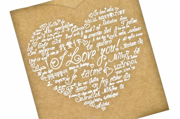 Love You Phrase Written Heart Shape All Languages Cardboard Envelope — Stock Photo, Image