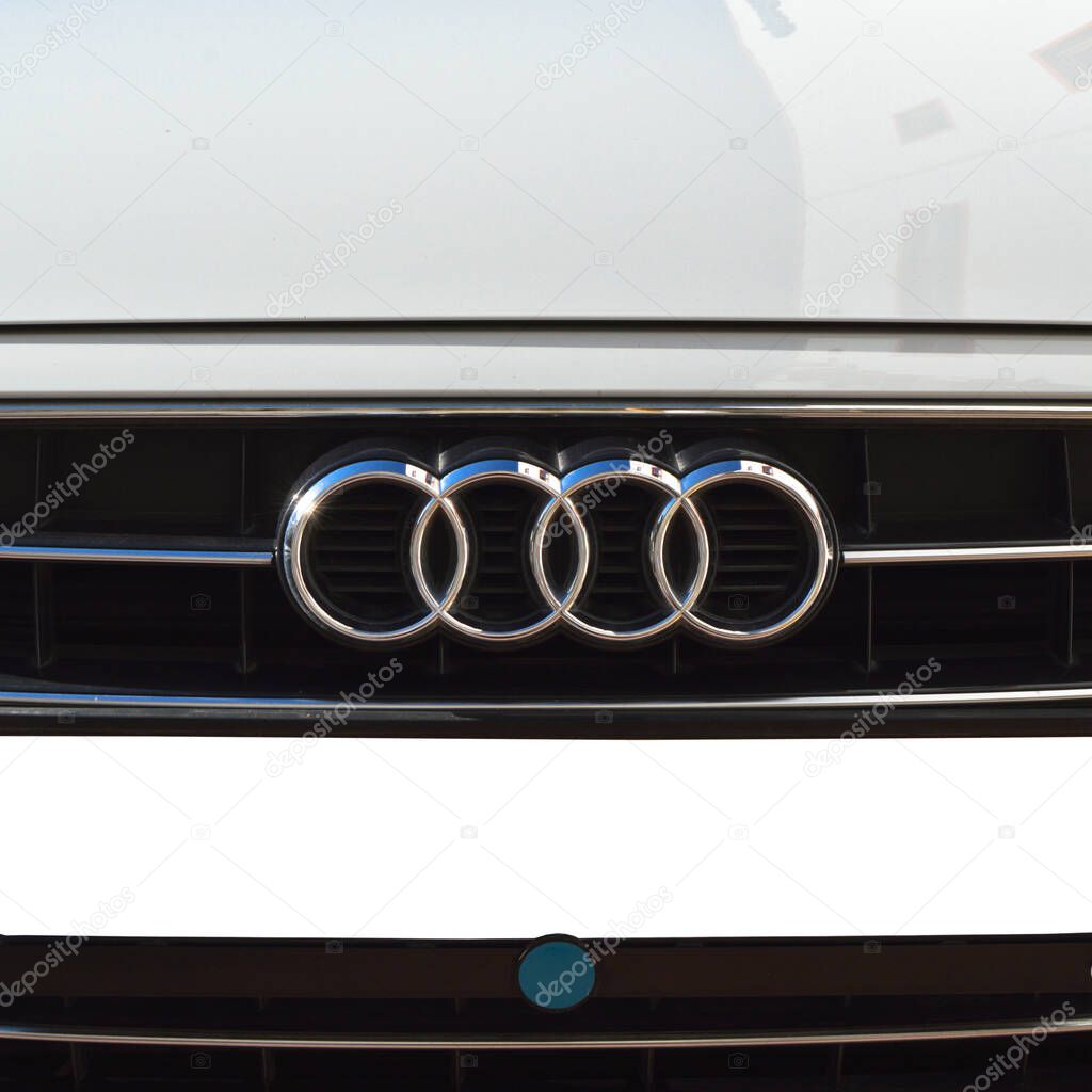 Audi chrome metal logo, luxury car in Istanbul city, November 17 2009 Istanbul Pendik Turkey used car market