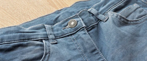 Close Detail Pocket Button Front View Light Blue Jeans Denim — Stock Photo, Image