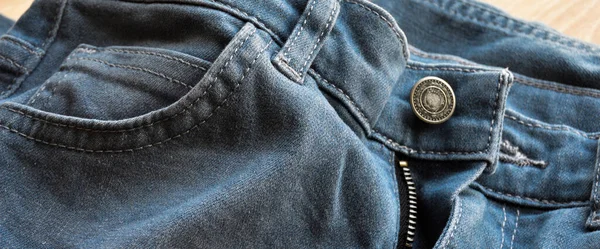 Zipper Pocket Buttons Close Detail Light Blue Jeans Denim Wooden — Stock Photo, Image