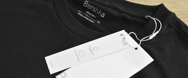 New Black Bershka Shirt Blank Label Wooden Floor May 2022 — Stock Photo, Image
