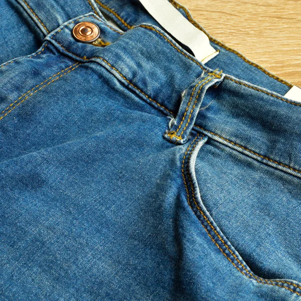 Zipper Pocket Buttons Close Detail Light Blue Jeans Denim Wooden — Stock Photo, Image