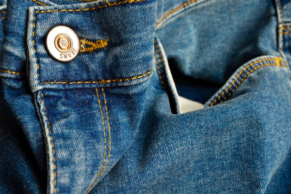 Zipper Pocket Buttons Close Detail Light Blue Jeans Denim Wooden — Stock Photo, Image