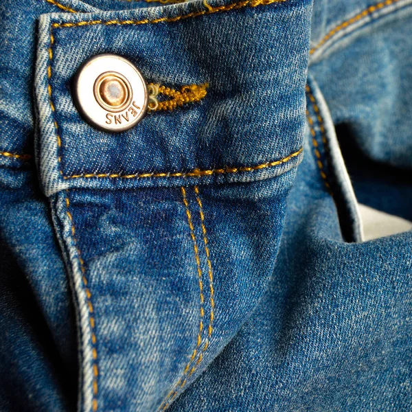 Zipper Pocket Buttons Close Detail Light Blue Jeans Denim Wooden — Stock Photo, Image