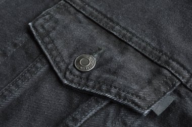 Siyah kot ceket ceket, cep ve kıç detayı, kot pantolon kumaş dokusu.