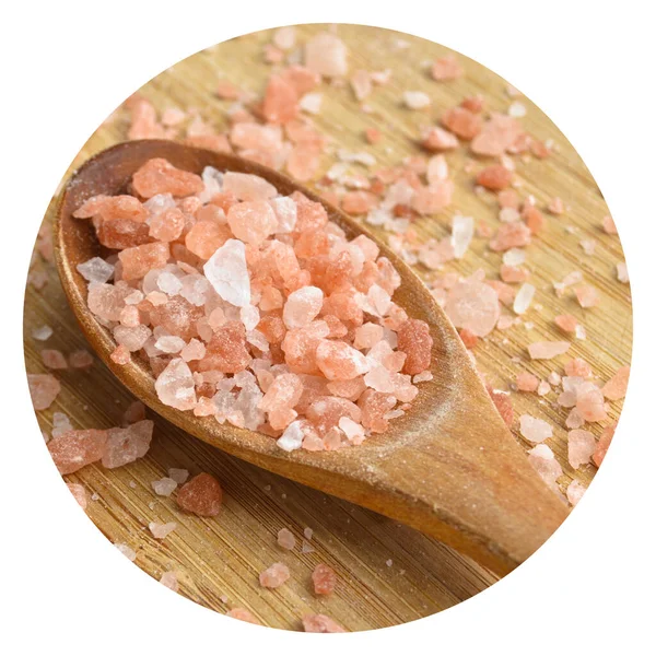 Healthy Pink Himalayan Salt Wooden Spoon Wooden Background — Stock Photo, Image