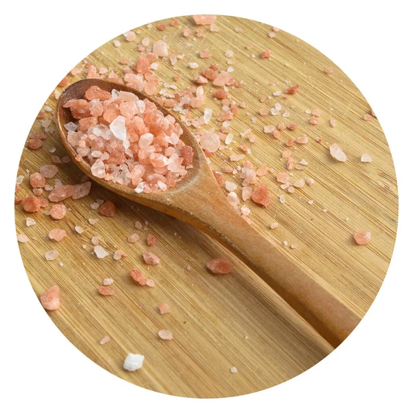 Healthy Pink Himalayan Salt Wooden Spoon Wooden Background — Stock Photo, Image