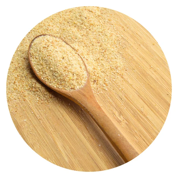 Vers Smakelijk Broodkruimels Galeta Bloem Houten Lepel Bruine Bamboe Snijplank — Stockfoto
