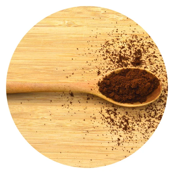 Sorgfältig Ausgewählter Gerösteter Und Pulverförmiger Frischer Kaffee Holzlöffel Auf Holzgrund — Stockfoto