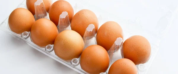 Huevos Marrones Orgánicos Frescos Paquete Caja Plástico Aislados Sobre Fondo — Foto de Stock