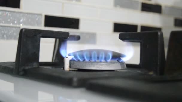 Газовая Плита Горит Кухне Голубое Пламя Изолировано Черном Фоне — стоковое видео
