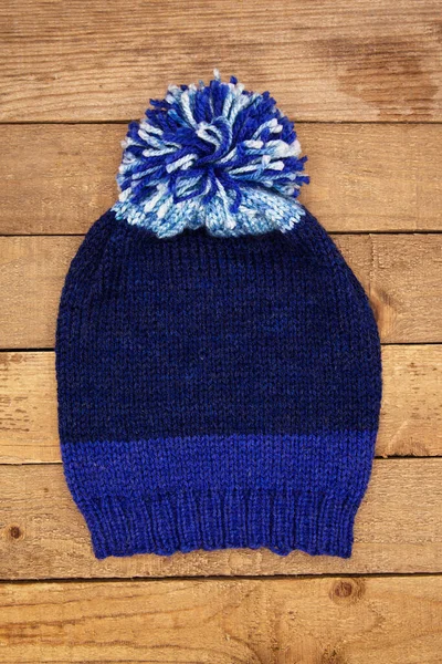 Chapeau Bleu Hiver Tricoté Main Laine Bleu Marine Isolé Sur — Photo