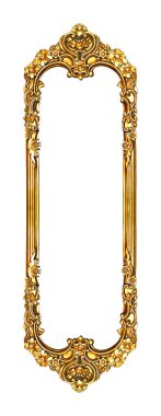Rectangular empty wooden and gold gilded ornamental frame isolated on white background