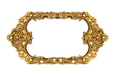 Rectangular empty wooden and gold gilded ornamental frame isolated on white background