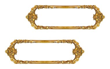 Rectangular empty wooden and gold gilded ornamental two frame isolated on white background