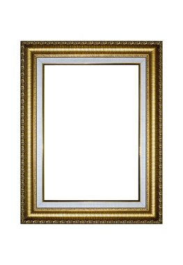 Rectangular empty wooden and gold gilded ornamental frame isolated on white background