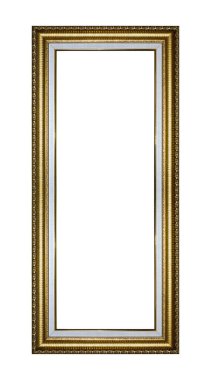 Rectangular empty wooden and gold gilded ornamental frame isolated on white background