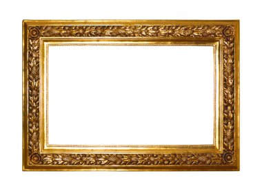 Rectangular empty wooden and gold gilded ornamental frame isolated on white background