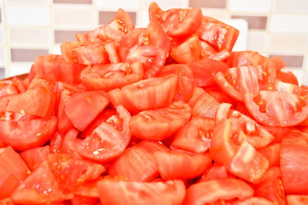 Fresh Red Yummy Tomatoes Peeled Sliced Can Eaten Cooked Raw — Foto de Stock