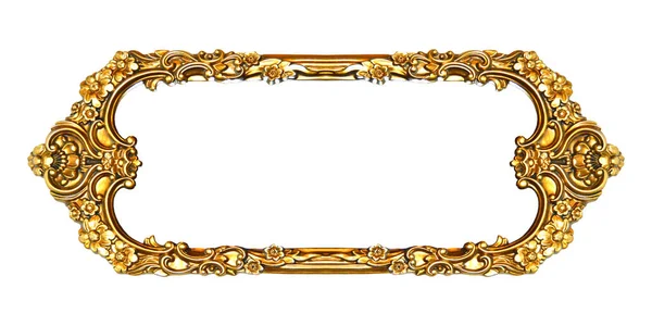 Rectangular Empty Wooden Gold Gilded Ornamental Frame Isolated White Background — Foto de Stock