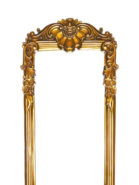 Rectangular empty wooden and gold gilded ornamental frame isolated on white background