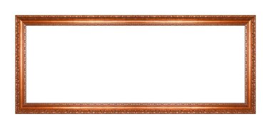 Rectangular empty wooden and copper or bronze gilded ornamental frame isolated on white background
