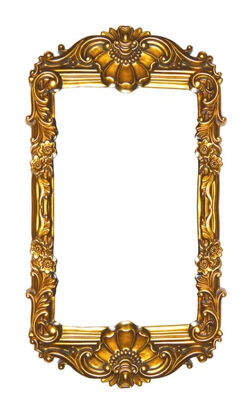 Rectangular Empty Wooden Gold Gilded Ornamental Frame Isolated White Background — Stockfoto