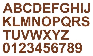 Tahta abanozdan kesilen harf ve rakamsal karakterler, İngiliz alfabesinde kullanılan büyük harflerden ve sayılardan oluşur, şeffaf arkaplan