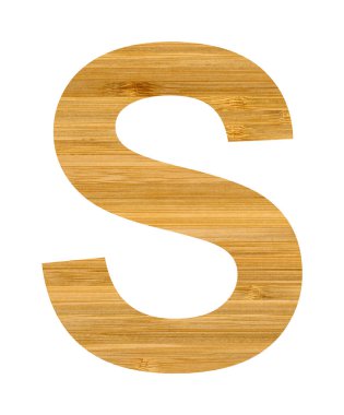 İngiliz alfabesindeki büyük S harfi, tahta bambudan kesilen S harfi, beyaz arka planda izole edilmiş.