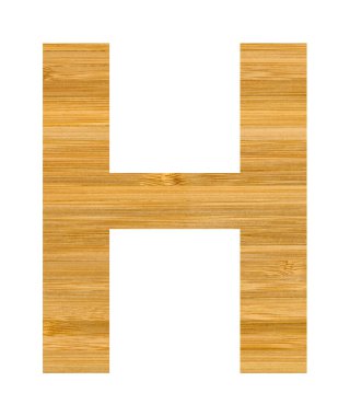İngiliz alfabesinde büyük H harfi, tahta bambudan kesilmiş H harfi, beyaz arka planda izole edilmiş.