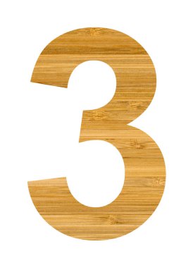 Üç numaralı İngiliz karakteri tahta bambudan kesilmiş, beyaz arka planda izole edilmiş, kırpma yolu.