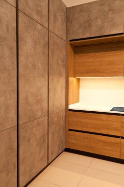 Modern kahverengi ahşap boya ve meşe ağacı mutfak büyük dolap ekipmanları, lüks bir ev.