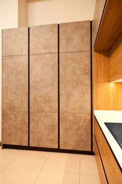 Modern kahverengi ahşap boya ve meşe ağacı mutfak büyük dolap ekipmanları, lüks bir ev.