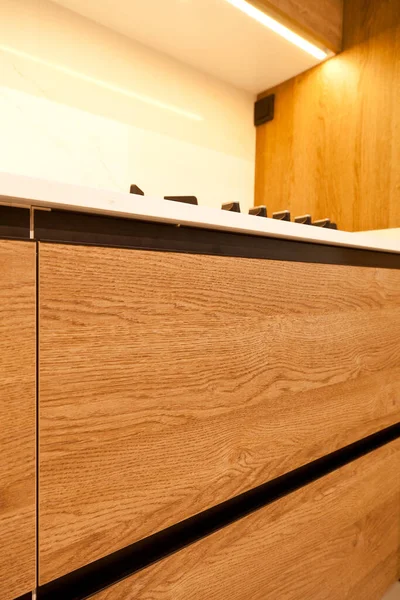 Modern Brown Wood Oak Kitchen Detail Cabinet Equipment Stylish White — Stock Photo, Image