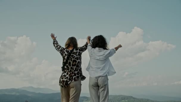 Медленное движение, крупный план двух молодых женщин, стоящих на краю утеса и поднимающих руки на вид на горы. Счастливые девушки наслаждаются своим успехом и потрясающим видом. — стоковое видео