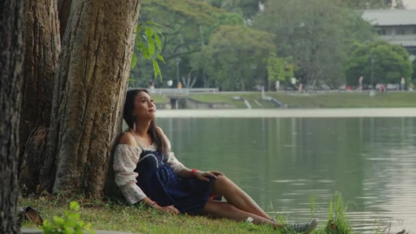 園内の木に寄りかかっているトランスジェンダーアジアの女性たち. — ストック動画