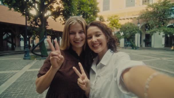 Two young smiling girls take selfie photos on a smartphone. Models pose in front of the street. — Vídeos de Stock